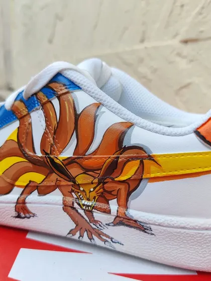 A close up of the Nine-Tailed Fox (Kurama) on the Naruto custom sneakers. The detail on this was intense!