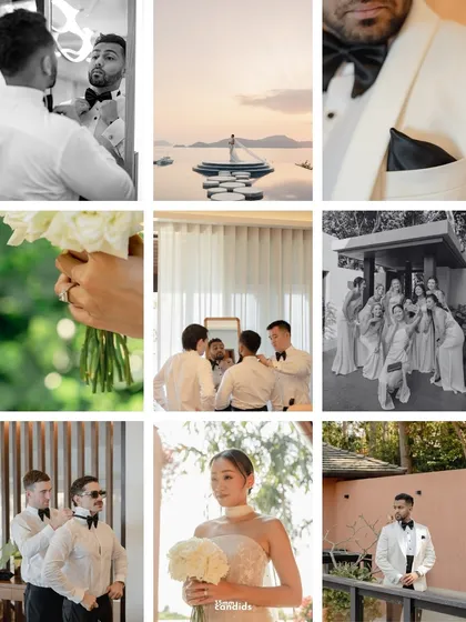 A mood board of the getting-ready moments for the white wedding. It shows the details, the friendships, and the anticipation of the final celebration.