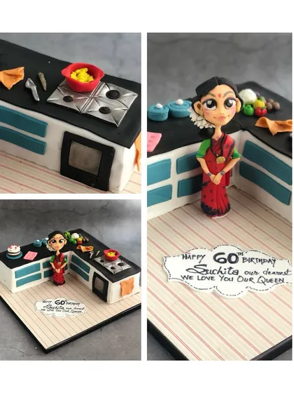 A collage showing multiple angles of the kitchen cake, highlighting the tiny edible vegetables, stove, and utensils.