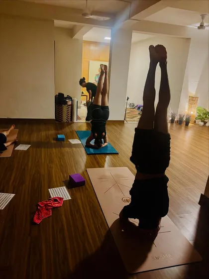 A view of the shala during inversion practice. Students hold Sirsasana, creating a collective energy of focus and stillness. This posture is powerful for calming the mind.