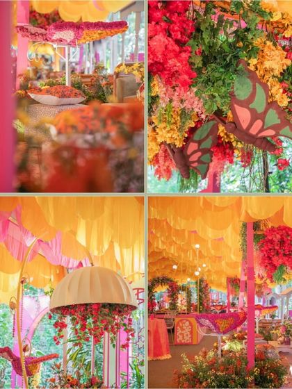 A collage showing the lively atmosphere of a whimsical mehendi. The decor includes a ceiling of orange and pink drapes, hanging floral installations, and butterfly motifs.