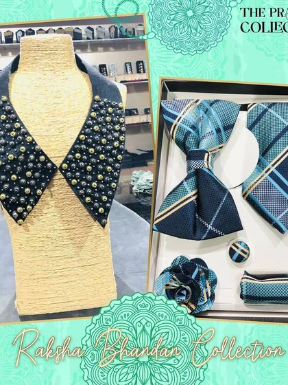 This curated set is perfect for stylish couples. It includes a men's accessory box with a blue plaid bow tie and matching items, paired with a studded detachable collar for women.
