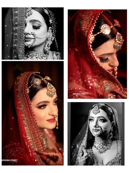 A collage of beautiful bridal moments, showcasing different angles of the makeup and the overall look in both color and black and white.