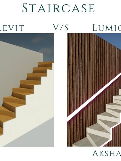 A direct comparison showing a staircase designed in Revit versus the same staircase rendered in Lumion. This highlights how different software tools are used for different purposes: Revit for technical modeling and Lumion for realistic visualization.