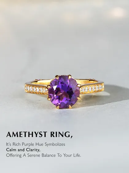 The rich purple hue of this amethyst ring symbolizes calm and clarity. The central octagon-cut amethyst is set in 18k gold on a diamond-accented band, offering a serene balance to your life.