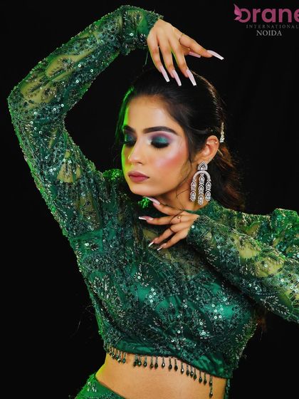 An expressive pose that showcases the movement and texture of the styled hair.