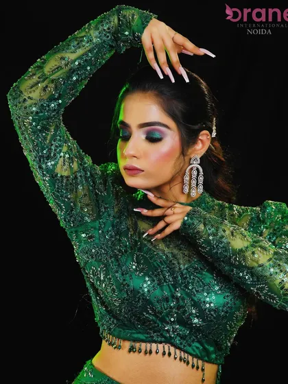 An expressive pose that showcases the movement and texture of the styled hair.