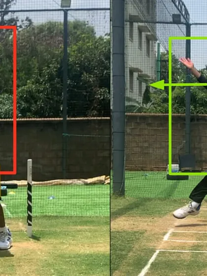 Look at the difference in the stride base and arm positions. The 'after' image shows a much wider, more stable base and better-coordinated arm movements, which are fundamental for any orthodox spinner.