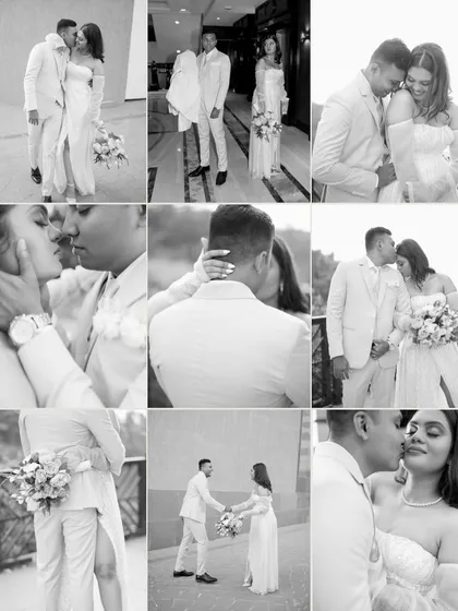 A grid of black and white photos from Prisca and Steven's wedding day. This collection focuses on their interactions, from tender kisses to shared smiles, creating a timeless visual story.