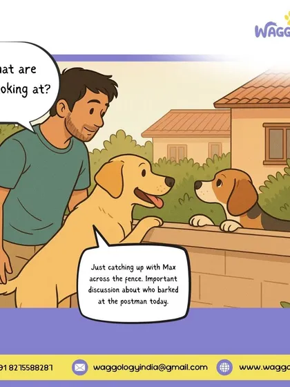Ever wonder what dogs talk about over the fence? This fun illustration imagines a neighborhood catch-up about who barked at the postman today.