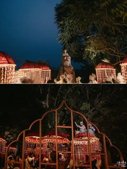 The groom's grand, multi-level baraat entry in Jaipur, a unique and royal procession that we captured from multiple angles.