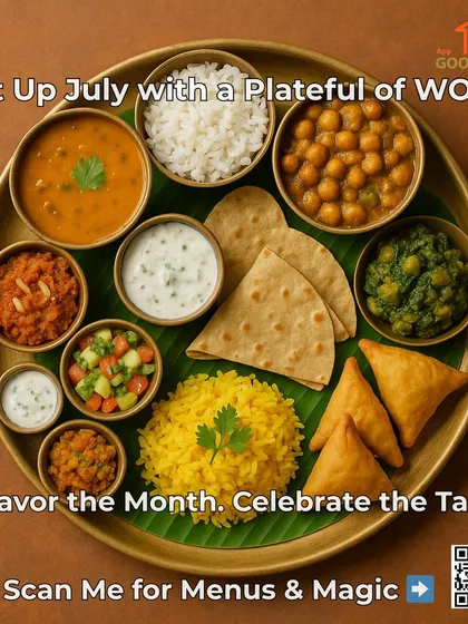 This is what we mean by a plateful of 'wow'. Our home-style thali features a complete, balanced meal with a variety of dishes like dal, sabzi, rice, roti, and even a sweet treat.