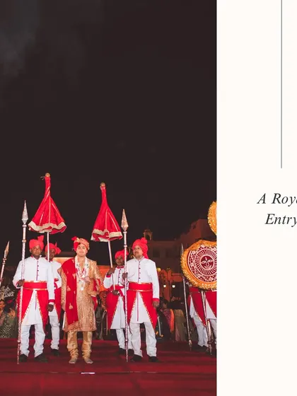 A royal groom's entry, escorted by a procession of guards in traditional attire, creating a majestic and regal spectacle.