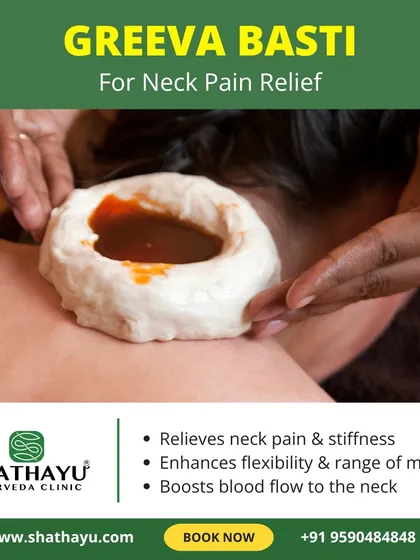 This is Greeva Basti, a specialized treatment for chronic neck pain and stiffness. By pooling warm, medicated oil on the cervical region, I can effectively relieve pain from conditions like cervical spondylosis, reduce stiffness, and enhance the flexibility and range of motion in your neck.