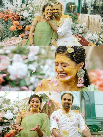 A collage of beautiful moments from the Haldi ceremony in Vietnam, with the couple covered in turmeric and showered with petals.