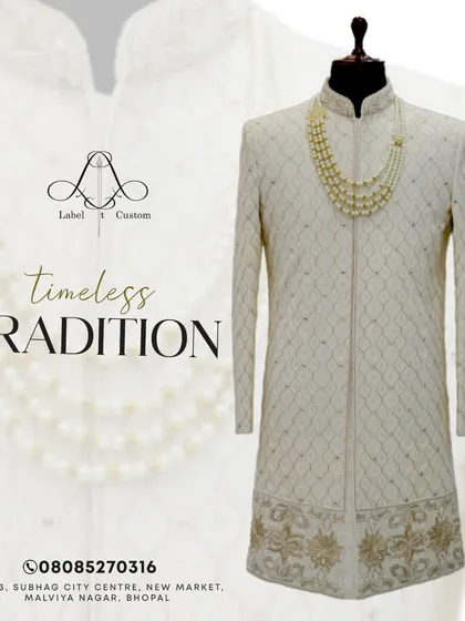 Timeless tradition is always in style. This graphic showcases a beautiful sherwani with delicate embroidery along the hem, paired with a classic pearl necklace.