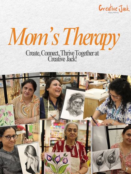 This collage, titled "Mom's Therapy," shows a group of mothers enjoying various art activities like sketching and painting. My studio is a perfect place for them to connect and thrive.