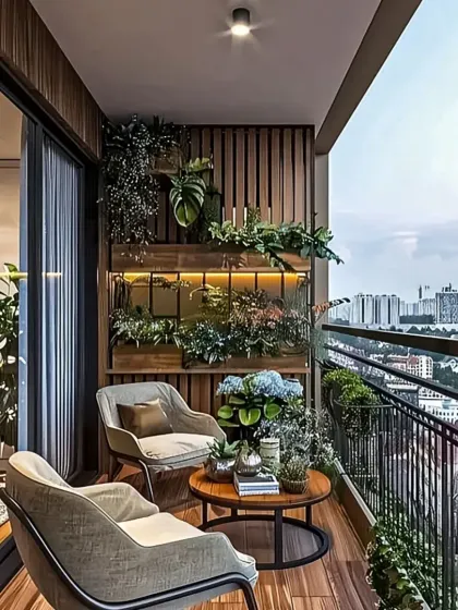 I believe balconies should be a personal retreat. Here, I used a combination of wood decking, vertical gardens, and comfortable seating to create a lush urban oasis with a stunning city view.