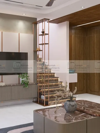 A living room design that plays with curves and textures. The rounded back wall, fluted paneling, and soft, neutral furniture create a space that feels gentle and enveloping. The open staircase with metal railings adds a modern, industrial touch.