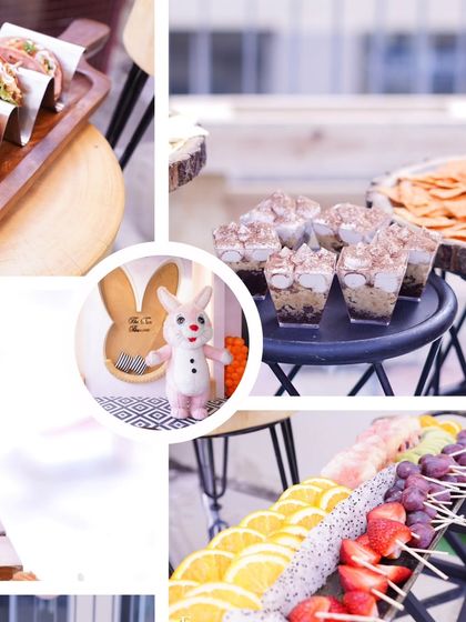 A collage from a cute bunny-themed birthday party. It shows a variety of kid-friendly foods like tacos, dessert cups, and fruit skewers, all presented in a fun and appealing way.