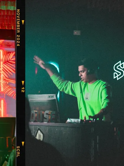 A film-strip edit showing me in control of the decks under green light.