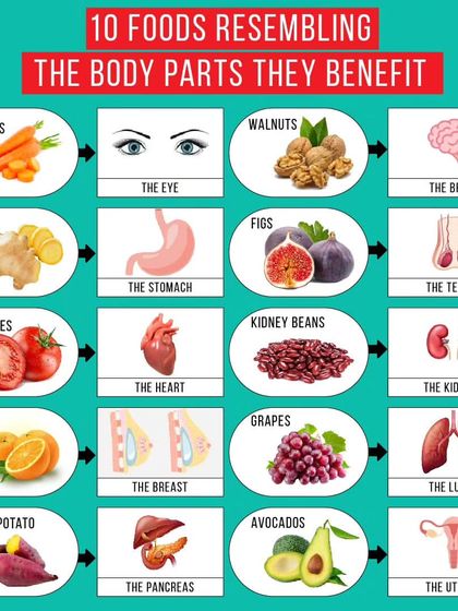 Nature is amazing. This infographic shows 10 foods that resemble the body parts they benefit, like walnuts for the brain and tomatoes for the heart.