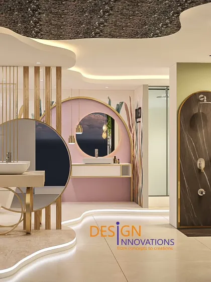 An immersive brand experience we created for QUEO. This is not just a showroom; it's a bath lounge. We used flowing organic lines, soft ambient lighting, and a palette of pink, gold, and cream to create a serene, spa-like atmosphere that allows the luxury of the products to shine.