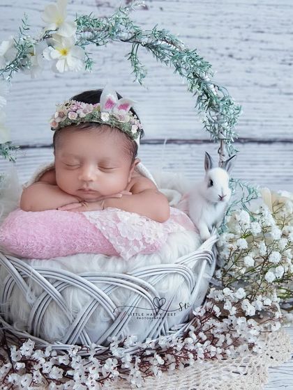 A sweet princess bunny in a white basket, surrounded by baby's breath. The addition of a tiny real bunny makes this shot extra special and magical.