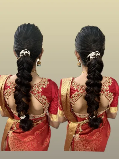 A graphic showing two views of the simple braided ponytail.
