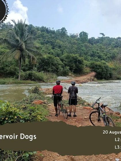 This image for our 'Reservoir Dogs' tour captures the adventurous spirit of the ride, with a river crossing and options for longer, more challenging routes.