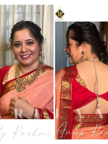 A closer look at my outfit. The red blouse has a unique back design using the saree's zari border.
