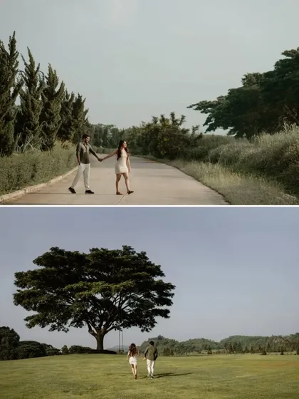A collage showing a couple walking hand-in-hand through the vast, open landscapes of Thailand. These shots convey a sense of freedom, adventure, and togetherness.