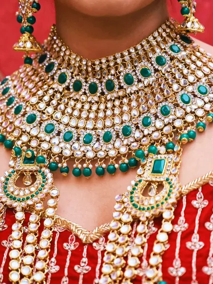A close-up shot of a magnificent bridal necklace set, showcasing the detailed craftsmanship of the kundan and emerald jewelry.
