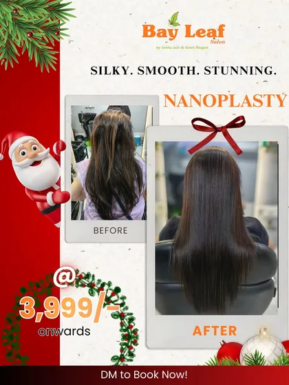 A festive transformation perfect for any party. This before and after shows how our Nanoplasty treatment makes hair silky, smooth, and stunningly beautiful.