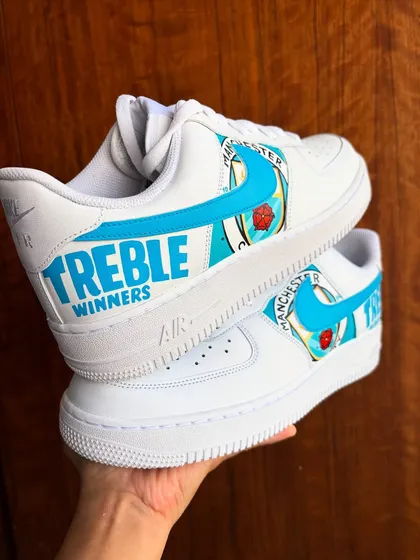 A different view of the Man City custom AF1s, showing how the design wraps around the shoe.