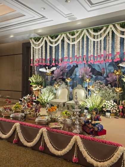 A wide side view of the entire lotus pond stage setup.