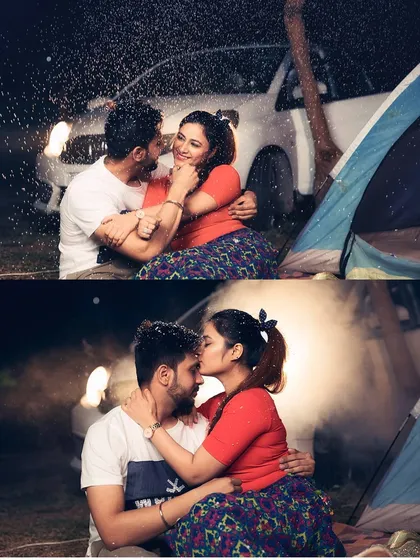 The magic of a night shoot. Using the car's headlights and the glow of a bonfire, we created this intimate and playful scene, complete with faux snow for a touch of whimsy.