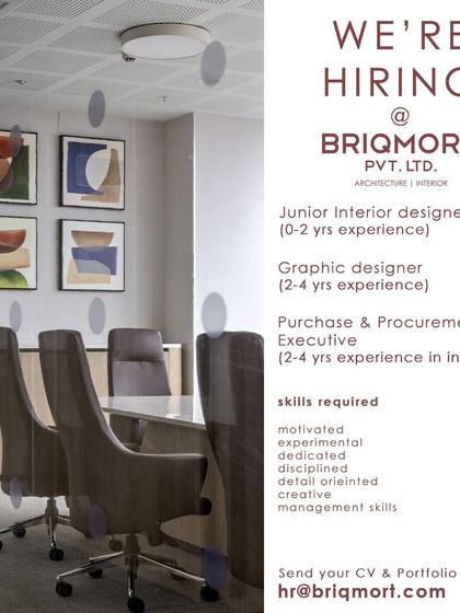 Briqmort in Ahmedabad is hiring, with this ad showing a modern conference room and listing roles for designers and procurement.