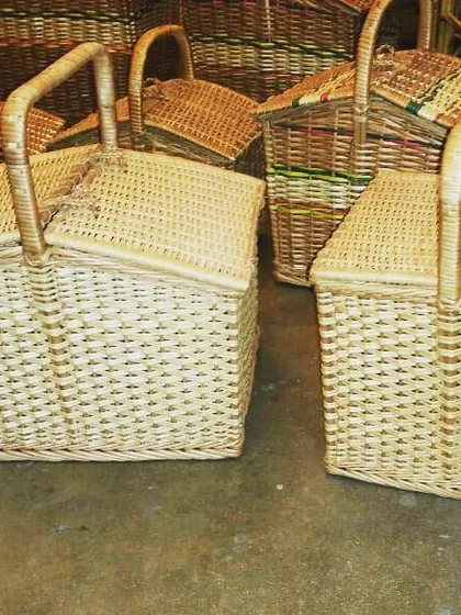 Here are two of my traditional square picnic baskets. They feature a strong weave, a sturdy handle, and a fitted lid to keep contents secure, making them ideal for outdoor trips.