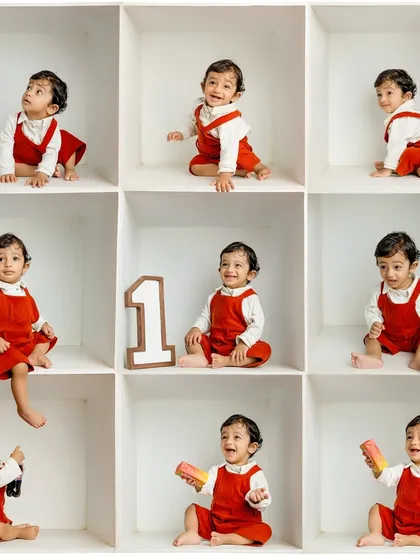 My signature box photography is a fun and unique way to celebrate a milestone. This collage captures nine different expressions and moments from a first birthday shoot, creating a single, dynamic piece of art.