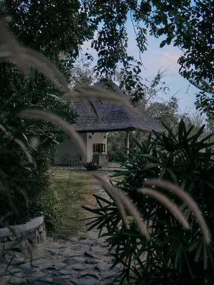 A glimpse of a small, thatched-roof structure along a stone pathway at our first landscape project in Kabini. This image captures our approach of creating quiet, humble structures that are discovered within the garden.