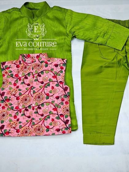 Another color option for the three-piece set, with a green kurta and a pink printed jacket.