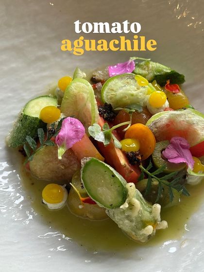 A close-up of the tomato aguachile, showcasing the variety of heirloom tomatoes, cucumbers, and edible flowers.