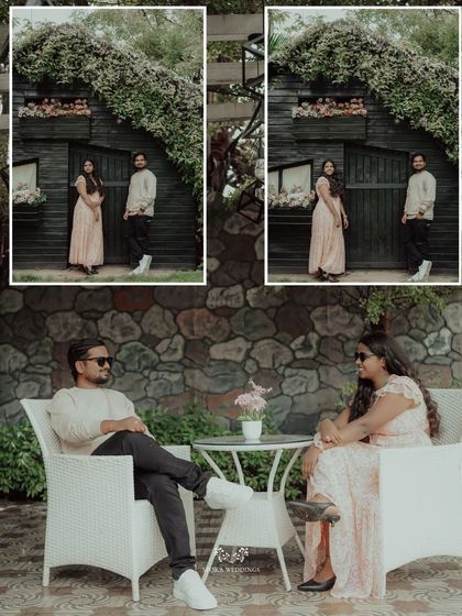 A collage of the couple at a rustic venue, posing by a cabin and relaxing at a table.