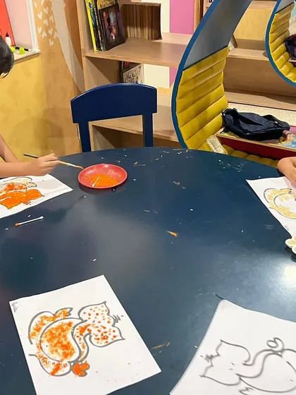 We celebrated Ganesh Chaturthi by painting our very own Ganeshas. These festival themed art activities are a great way for me to introduce cultural stories and symbols to the children.