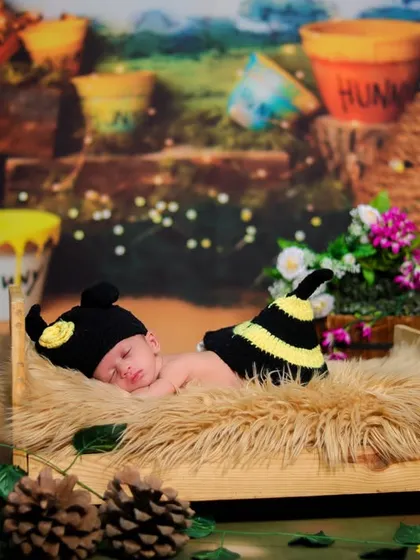 A full view of our honeybee theme, set in the Hundred Acre Wood. The newborn sleeps in a cozy bed surrounded by sunflowers, honey pots, and friendly animal toys.