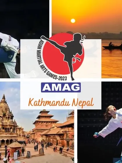 A collage promoting the Asian Martial Arts Games in Nepal. This event provides a crucial platform for our athletes to gain international experience and compete against the best in Asia.