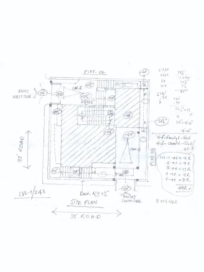 An identical site plan sketch, complete with preliminary calculations and notes that guide the project's development.