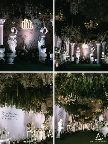 A collage showing different angles of the enchanted garden entrance. You can see the custom monogram, the romantic quote on the wall, and the interplay of light and shadow from the chandeliers.