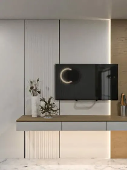 A minimalist TV and vanity unit concept, showcasing clean lines and a neutral color palette.